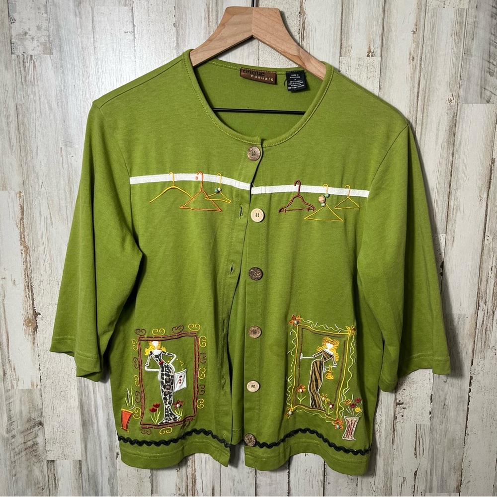 Vintage 90s Onque Olive Green Button Cardigan Fashion Embroidered‎ Womens Medium